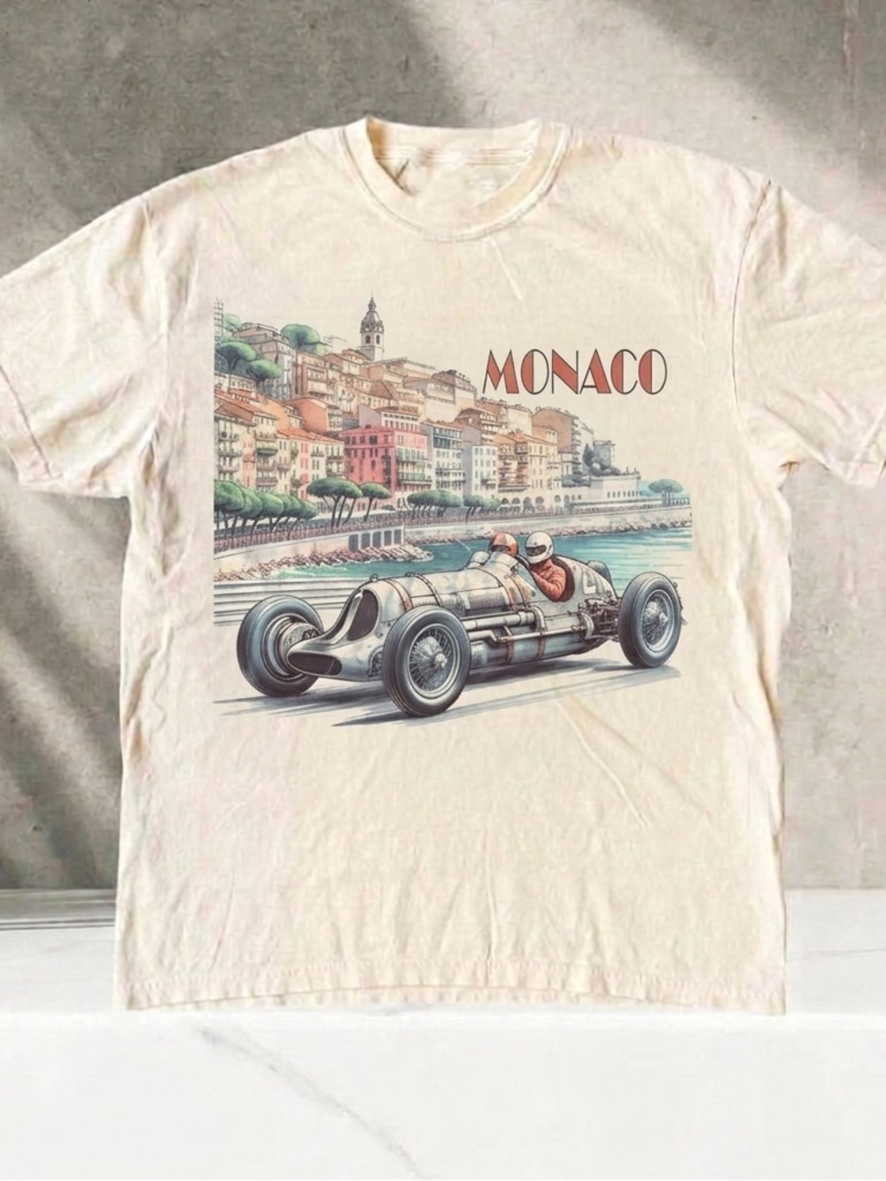 Monaco Vintage Race Car Shirt, Classic Car Graphic Tee - Off White Unisex